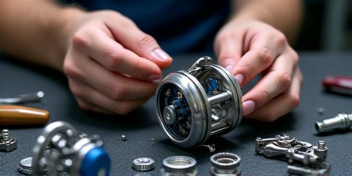 Techniker bei der Reparatur einer Angelrolle
